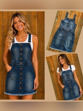 Wax Jean Denim Overall Mini Dress Button Front Adjustable Straps Frayed Hem Sz S